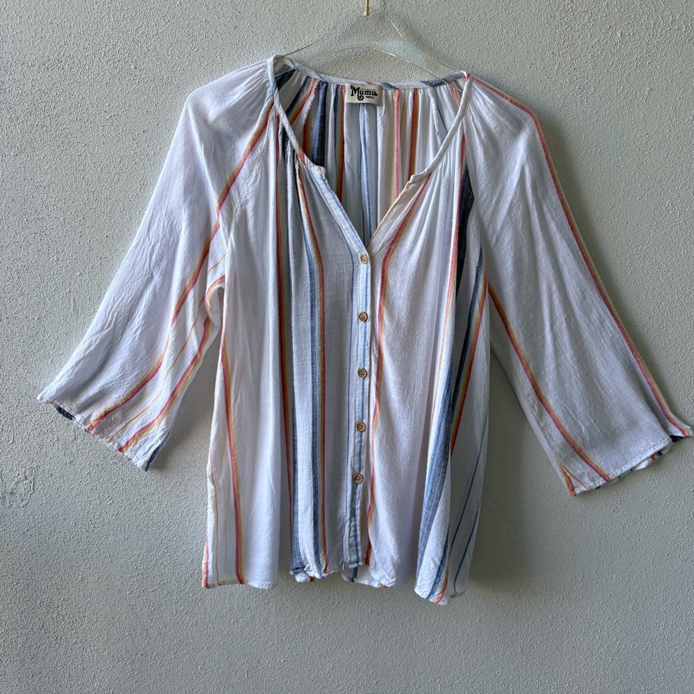 Show Me Your‎ Mumu Catalina Cup Tunic Small Stripes Button Up Split Neck Coastal